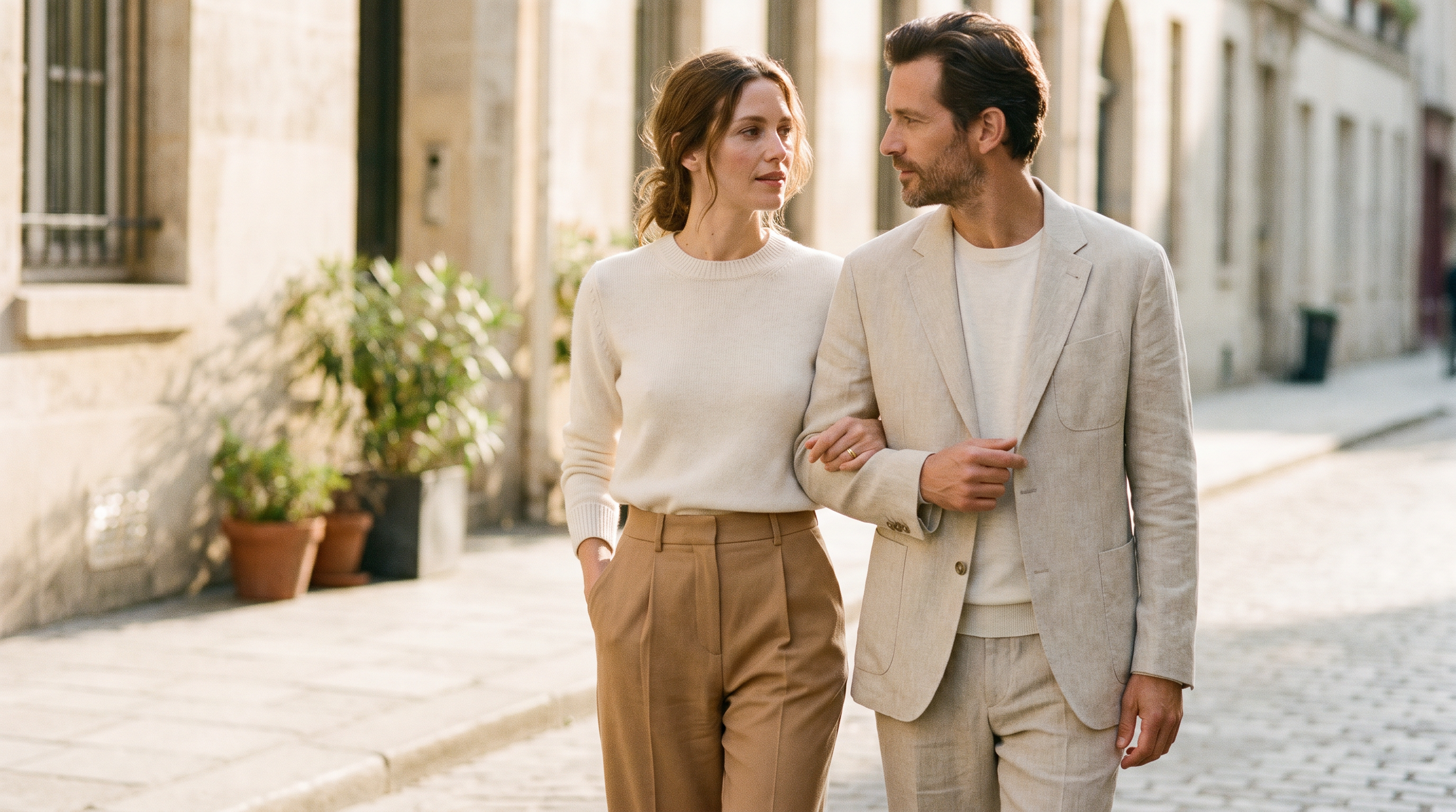Riamo Milano homepage hero - Parisian couple, Marais street, golden hour